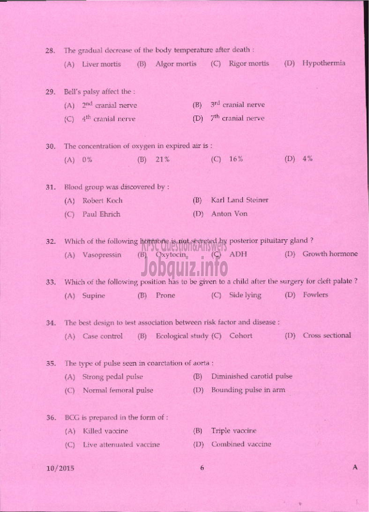 Kerala PSC Question Paper - NURSING TUTOR HEALTH SERVICE-4