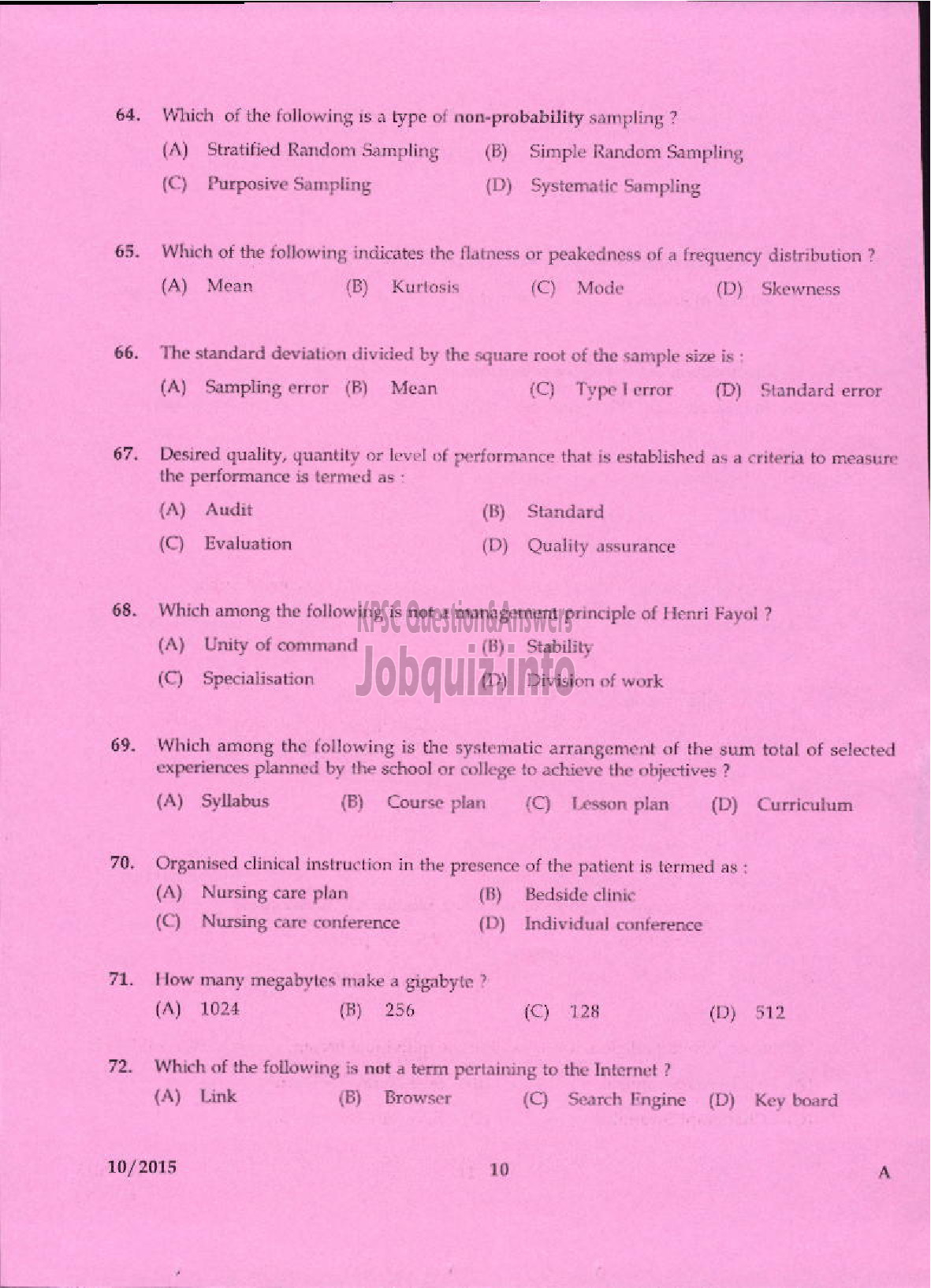 Kerala PSC Question Paper - NURSING TUTOR HEALTH SERVICE-8