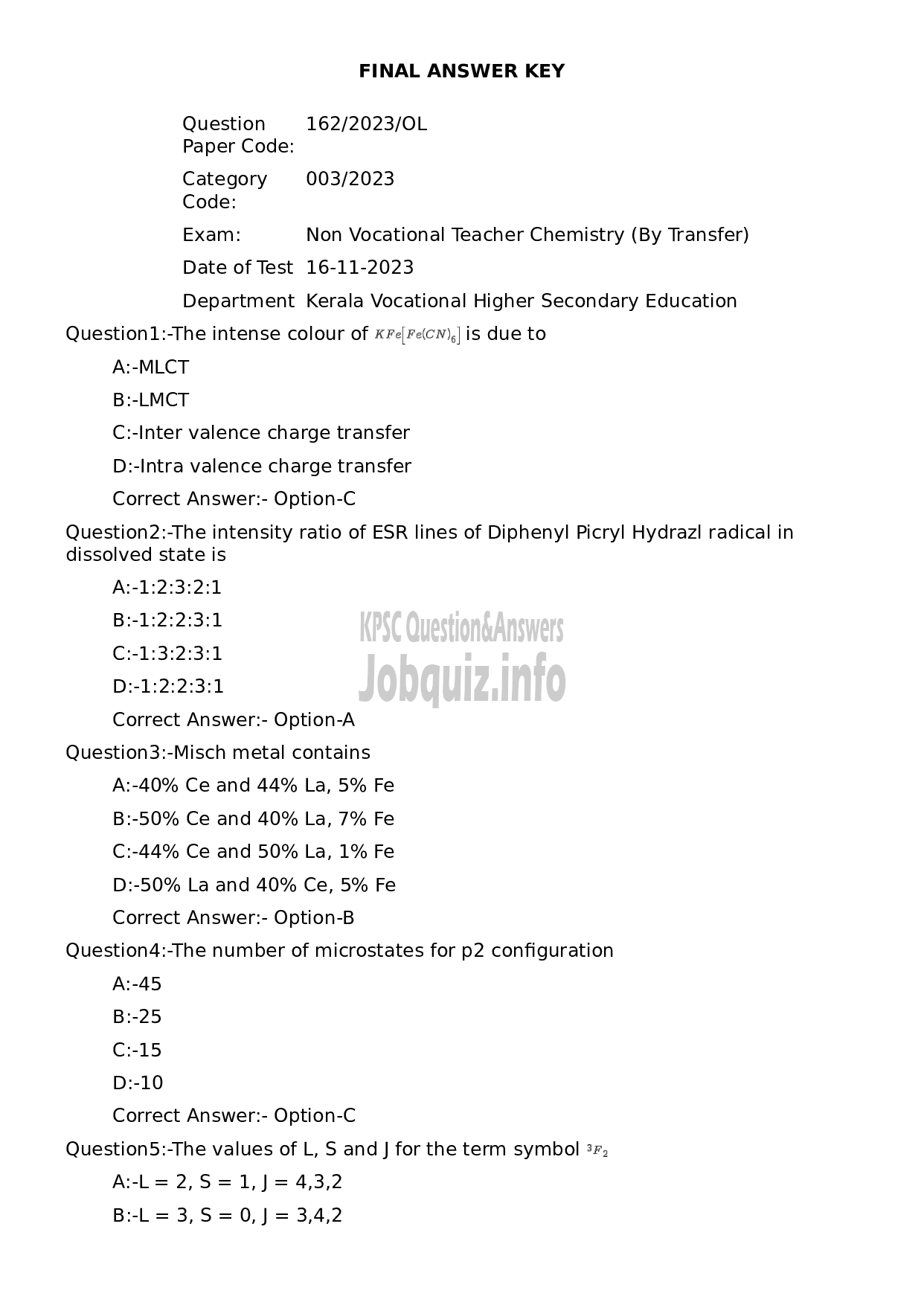 Kerala PSC Question Paper - Non Vocational Teacher Chemistry (By Transfer)-1