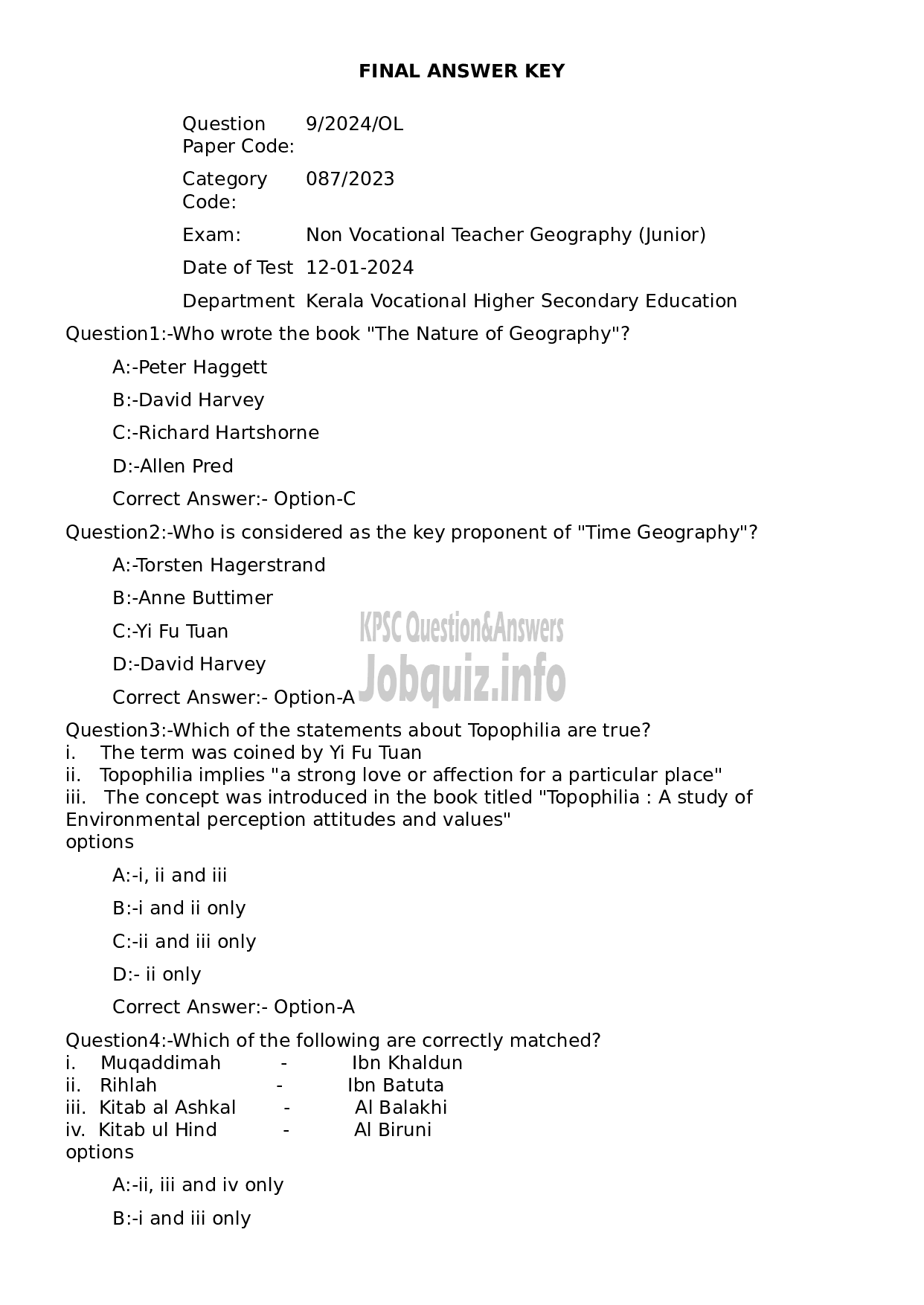 Kerala PSC Question Paper - Non Vocational Teacher Geography (Junior)-1