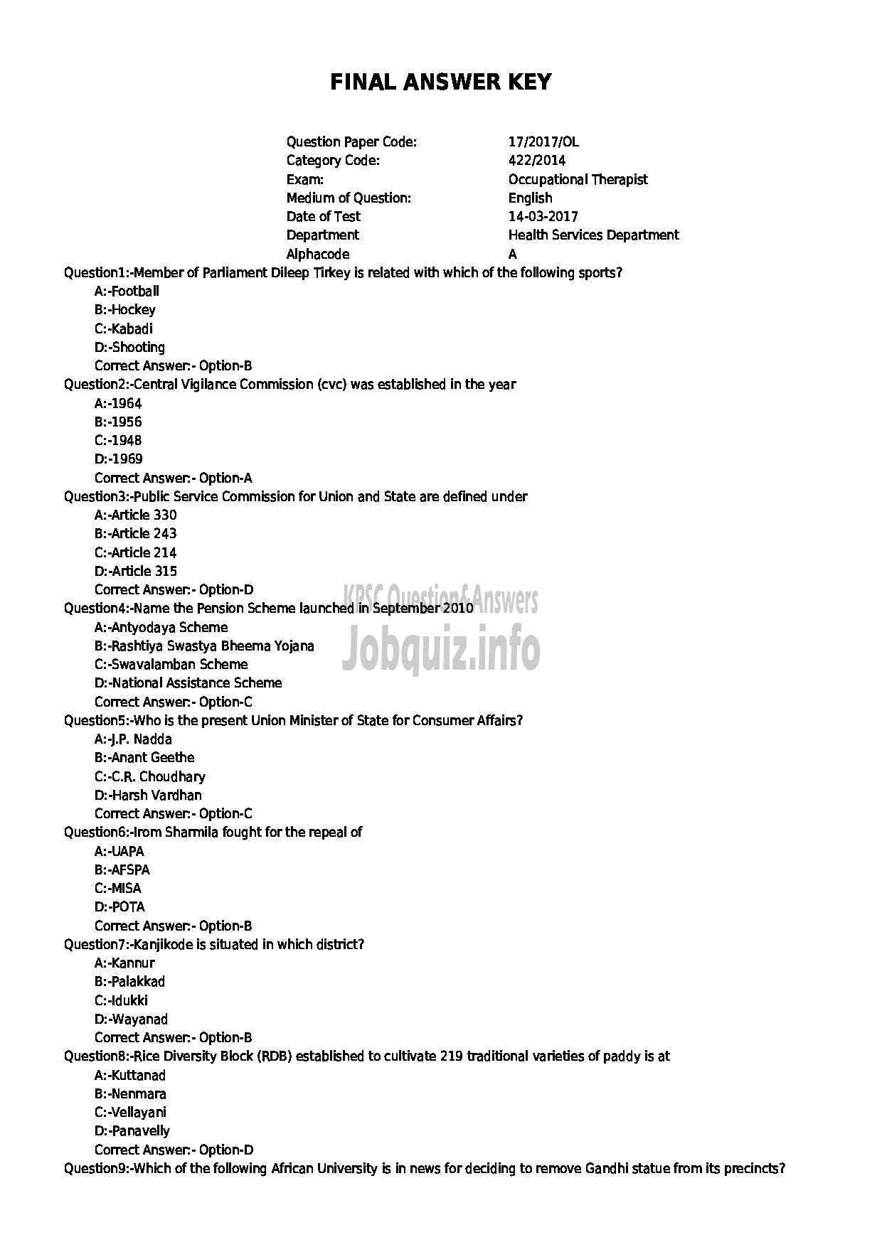 Kerala PSC Question Paper - OCCUPATIONAL THERAPIST HEALTH SERVICES-1