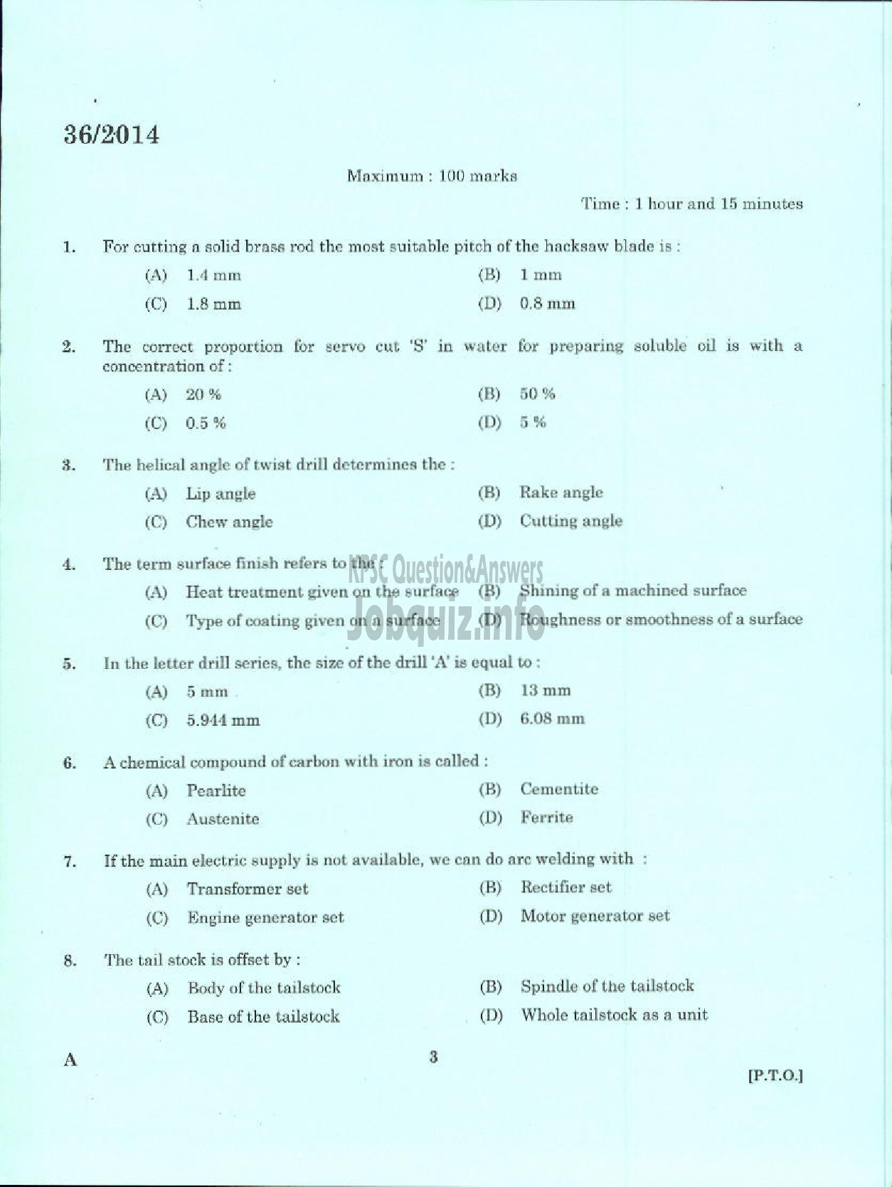 Kerala PSC Question Paper - OPERATOR FOAM MATTINGS INDIA LIMITED-1