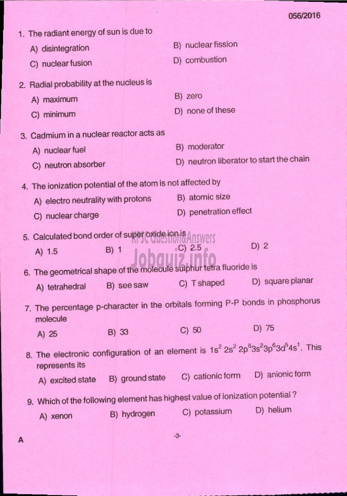 Kerala PSC Question Paper - OTHER RESEARCH ASSISTANT CHEMISTRY FISHERIES-1