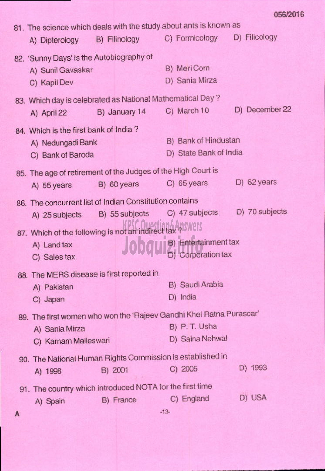 Kerala PSC Question Paper - OTHER RESEARCH ASSISTANT CHEMISTRY FISHERIES-11