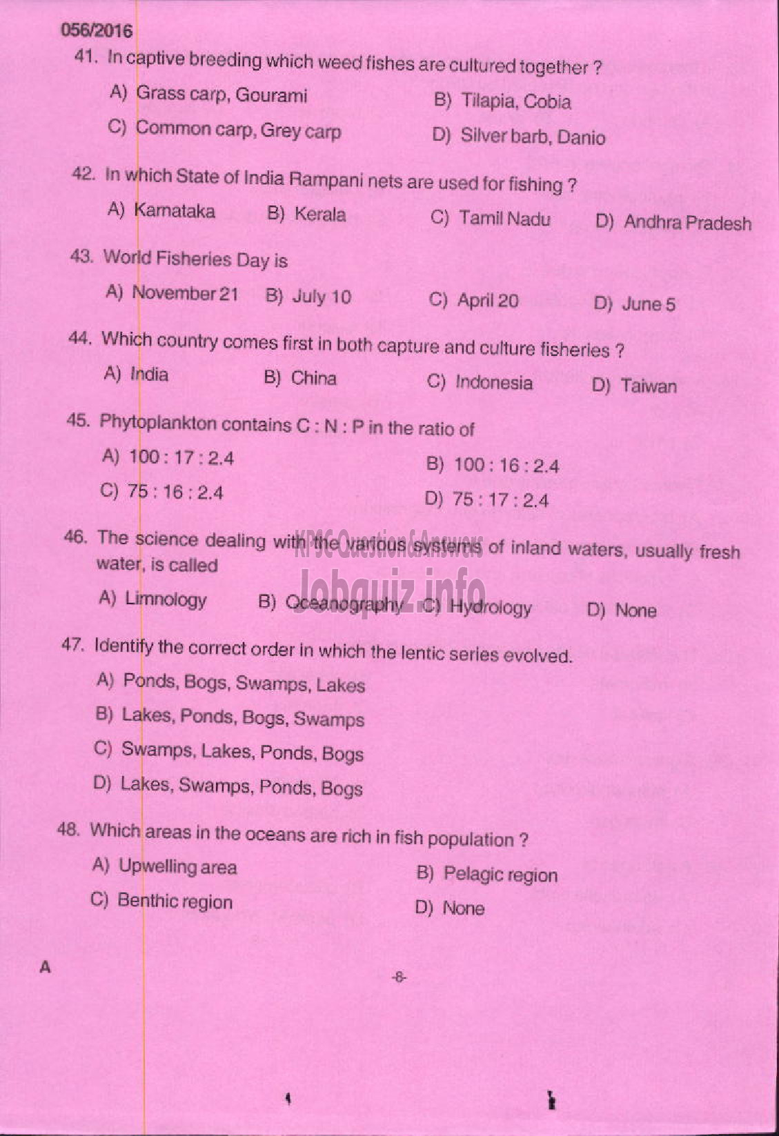 Kerala PSC Question Paper - OTHER RESEARCH ASSISTANT CHEMISTRY FISHERIES-6