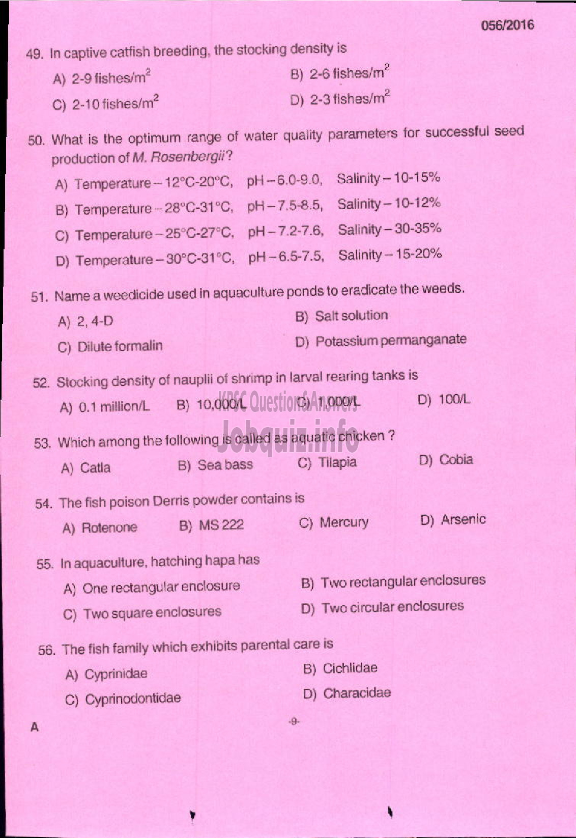 Kerala PSC Question Paper - OTHER RESEARCH ASSISTANT CHEMISTRY FISHERIES-7