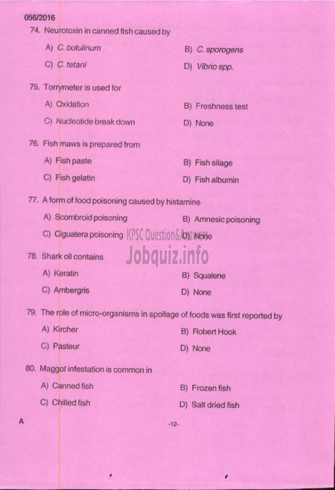 Kerala PSC Question Paper - OTHER RESEARCH ASSISTANT CHEMISTRY FISHERIES-10