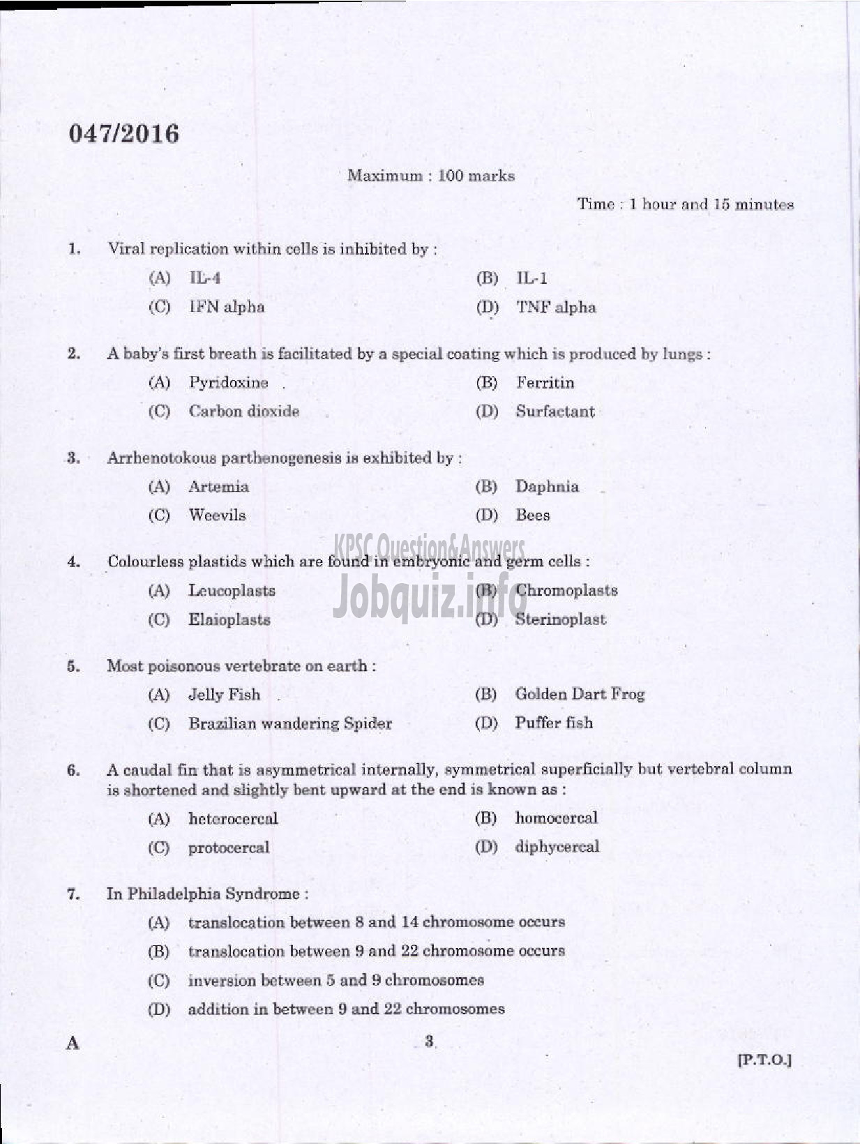 Kerala PSC Question Paper - OTHER RESEARCH ASSISTANT ZOOLOGY FISHERIES-1