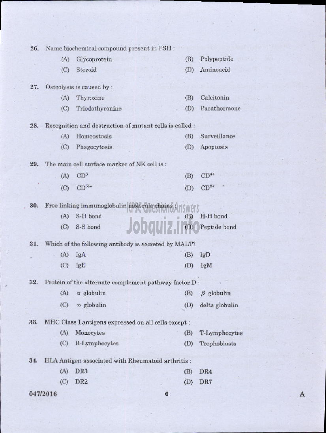 Kerala PSC Question Paper - OTHER RESEARCH ASSISTANT ZOOLOGY FISHERIES-4