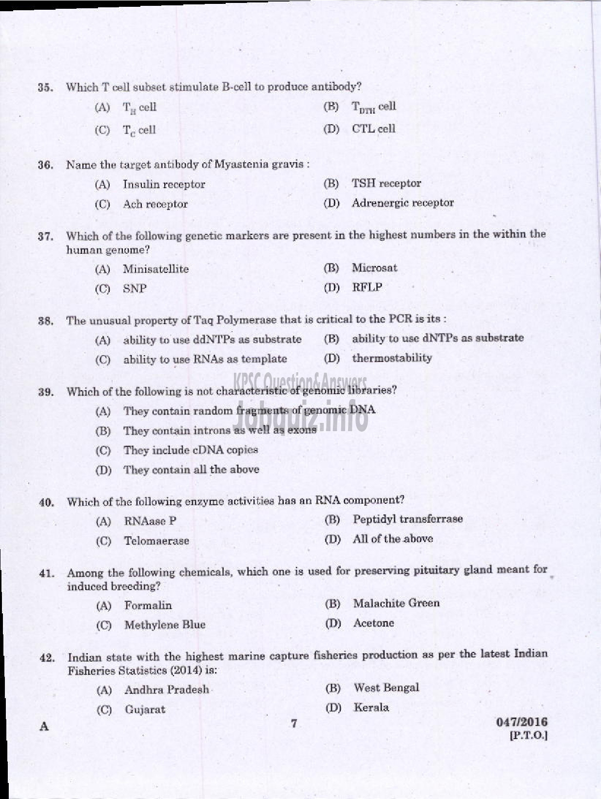 Kerala PSC Question Paper - OTHER RESEARCH ASSISTANT ZOOLOGY FISHERIES-5