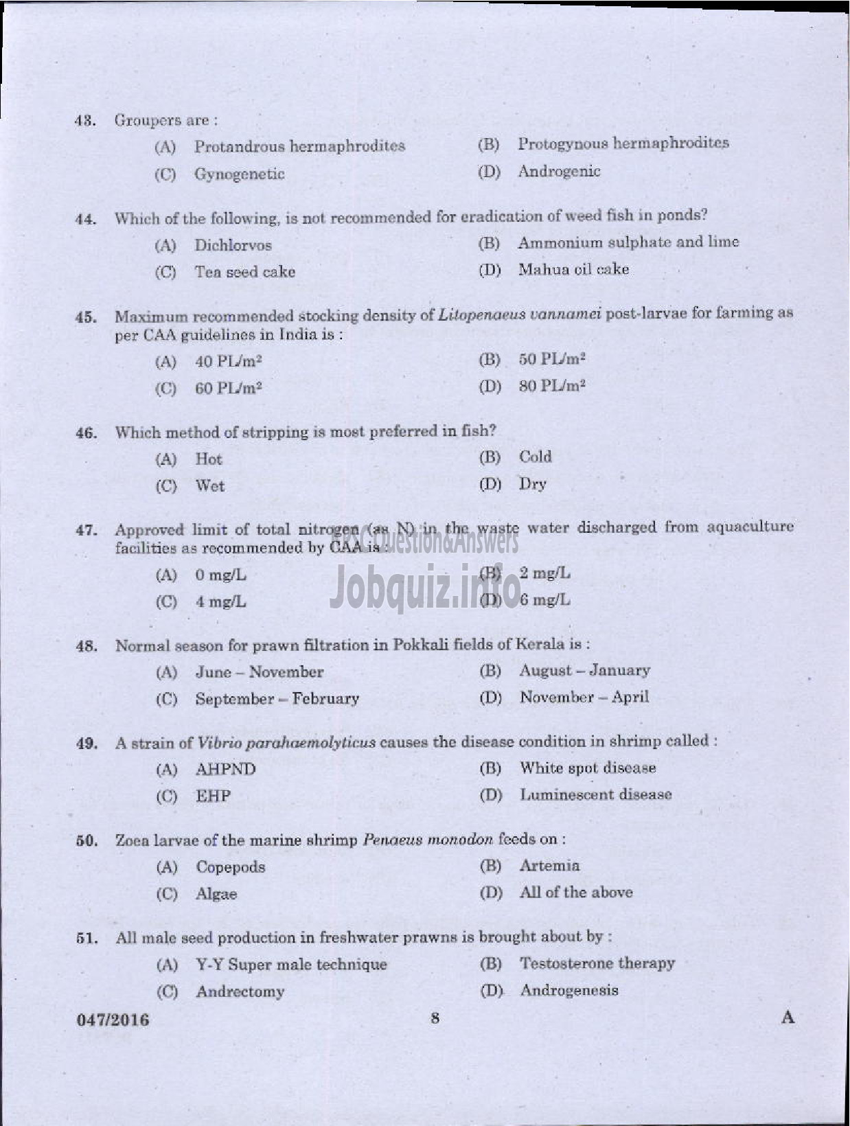 Kerala PSC Question Paper - OTHER RESEARCH ASSISTANT ZOOLOGY FISHERIES-6