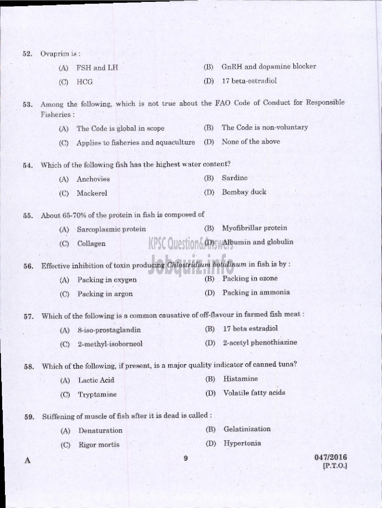 Kerala PSC Question Paper - OTHER RESEARCH ASSISTANT ZOOLOGY FISHERIES-7