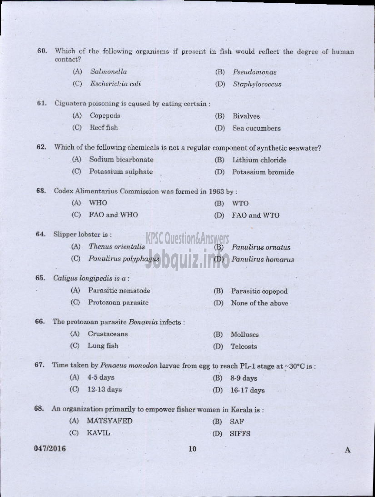 Kerala PSC Question Paper - OTHER RESEARCH ASSISTANT ZOOLOGY FISHERIES-8