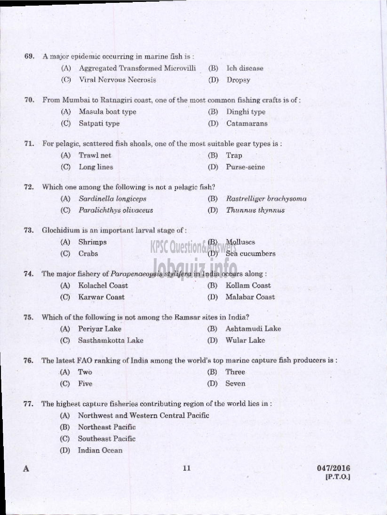 Kerala PSC Question Paper - OTHER RESEARCH ASSISTANT ZOOLOGY FISHERIES-9