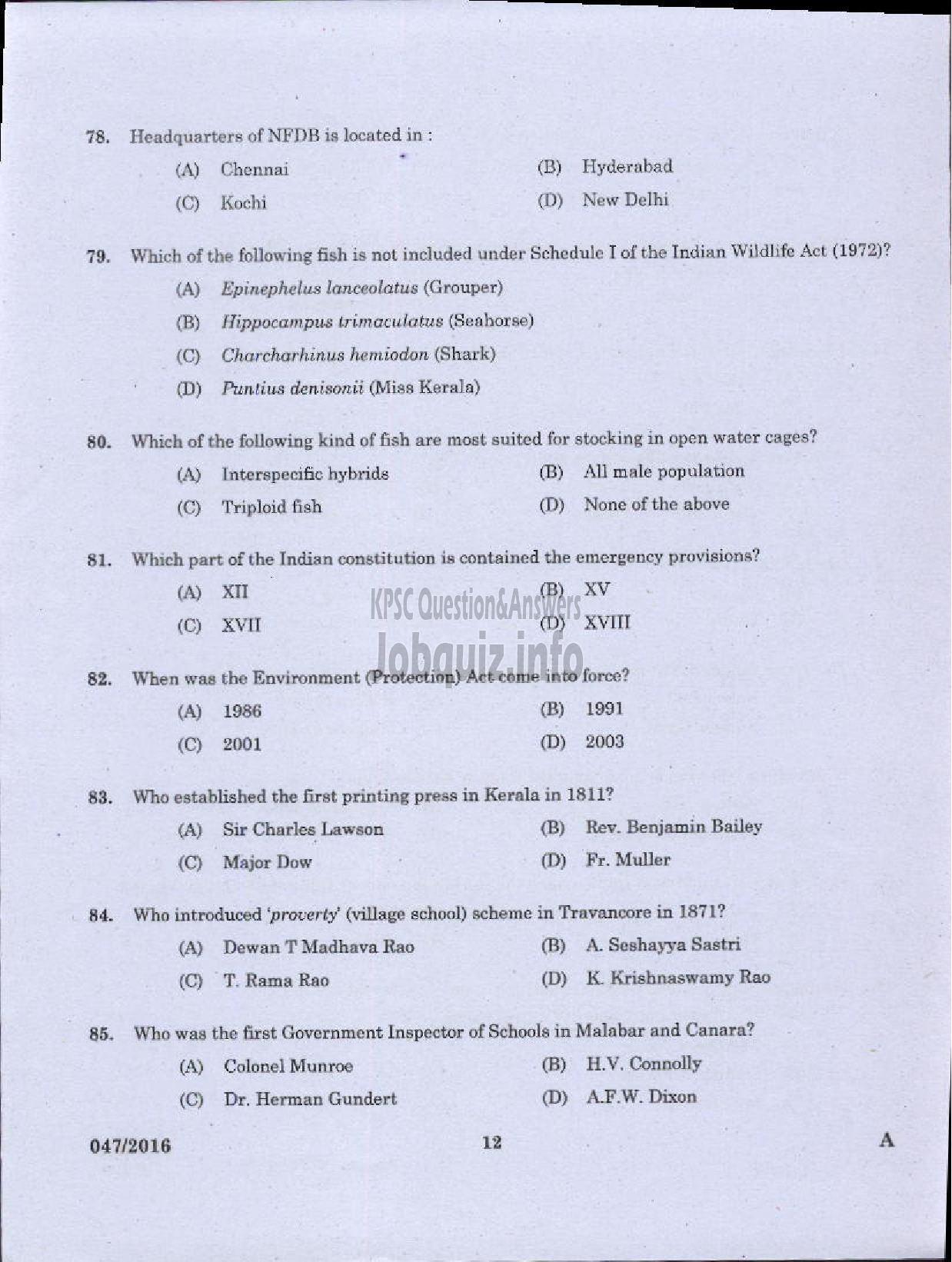 Kerala PSC Question Paper - OTHER RESEARCH ASSISTANT ZOOLOGY FISHERIES-10