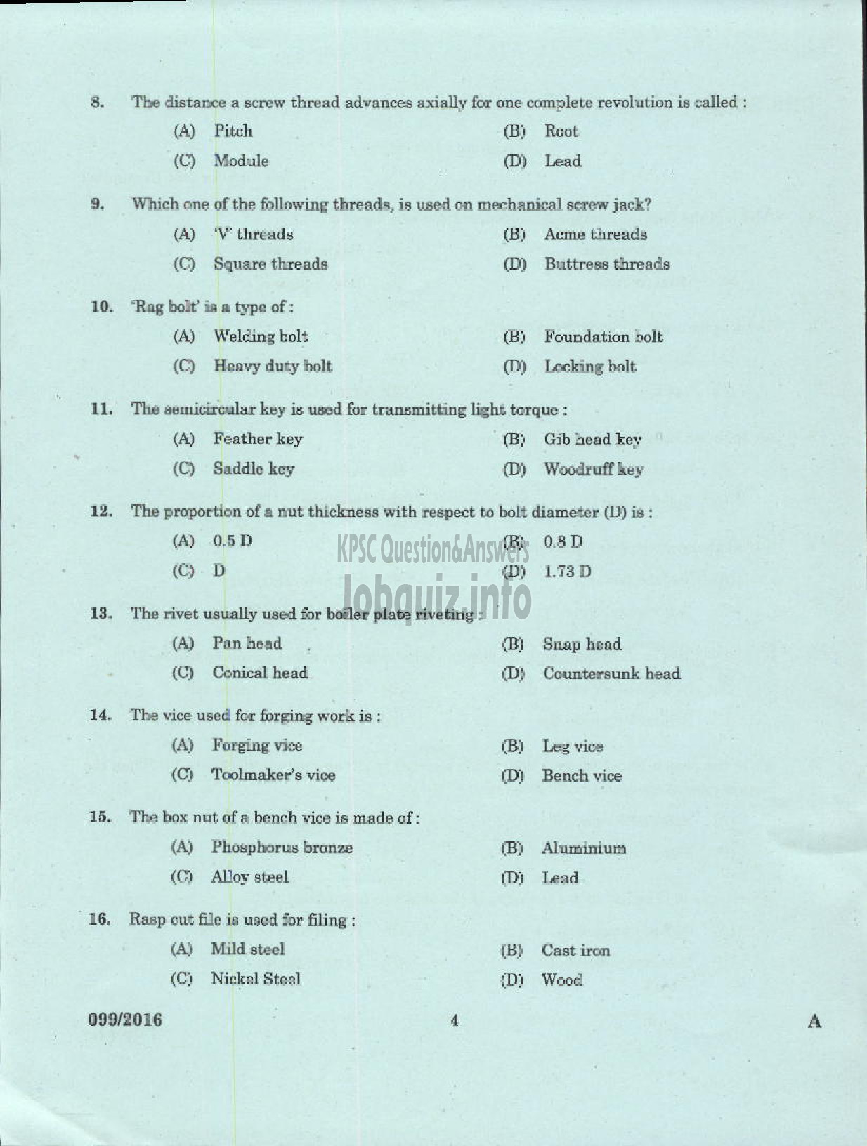 Kerala PSC Question Paper - OVERSEER /DRAFTSMAN MECHANICAL GR II PWD/IRRIGATION-2