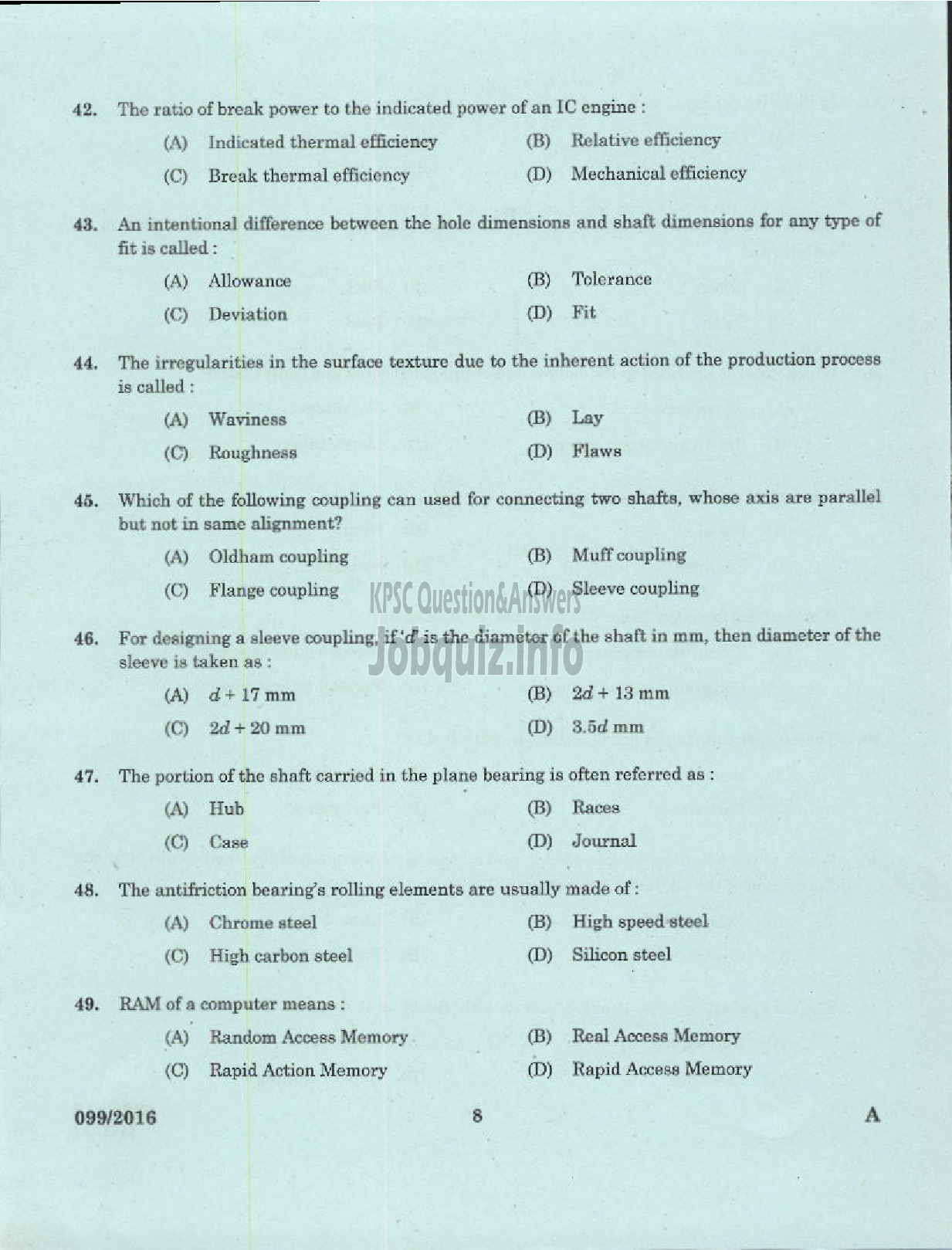 Kerala PSC Question Paper - OVERSEER /DRAFTSMAN MECHANICAL GR II PWD/IRRIGATION-6