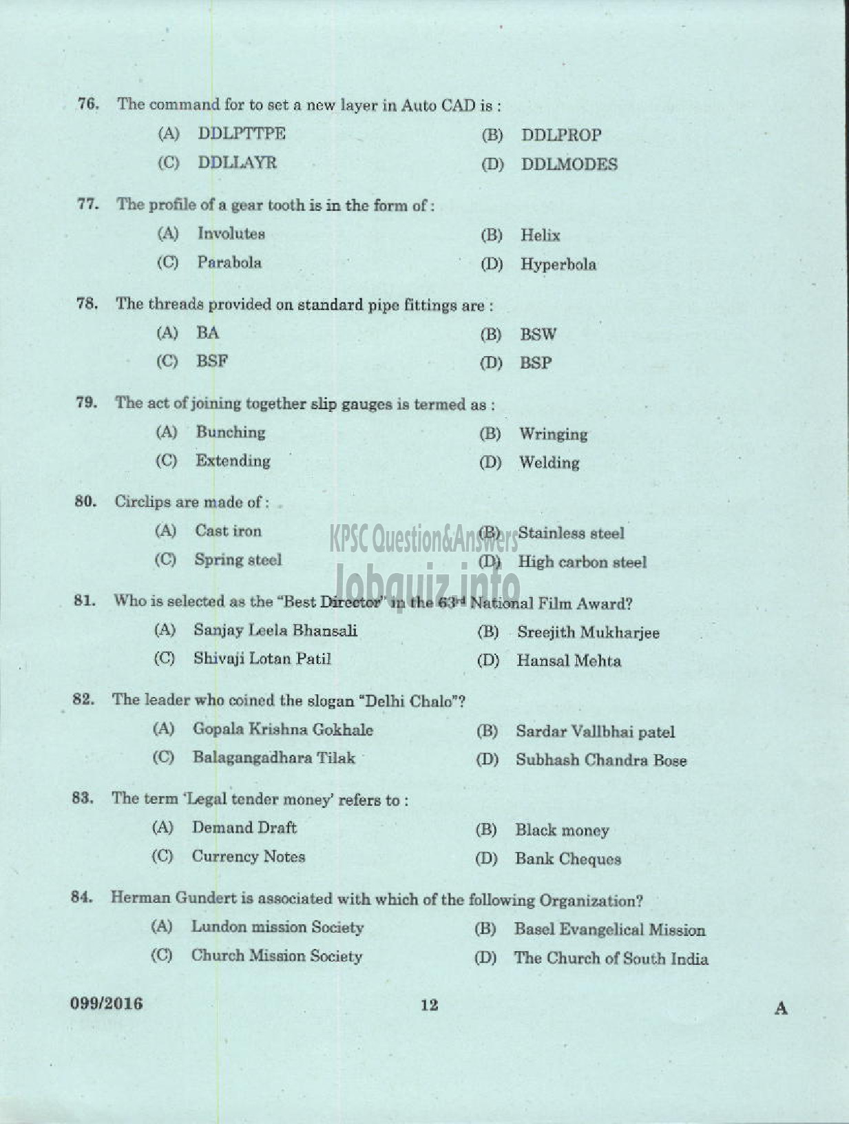 Kerala PSC Question Paper - OVERSEER /DRAFTSMAN MECHANICAL GR II PWD/IRRIGATION-10