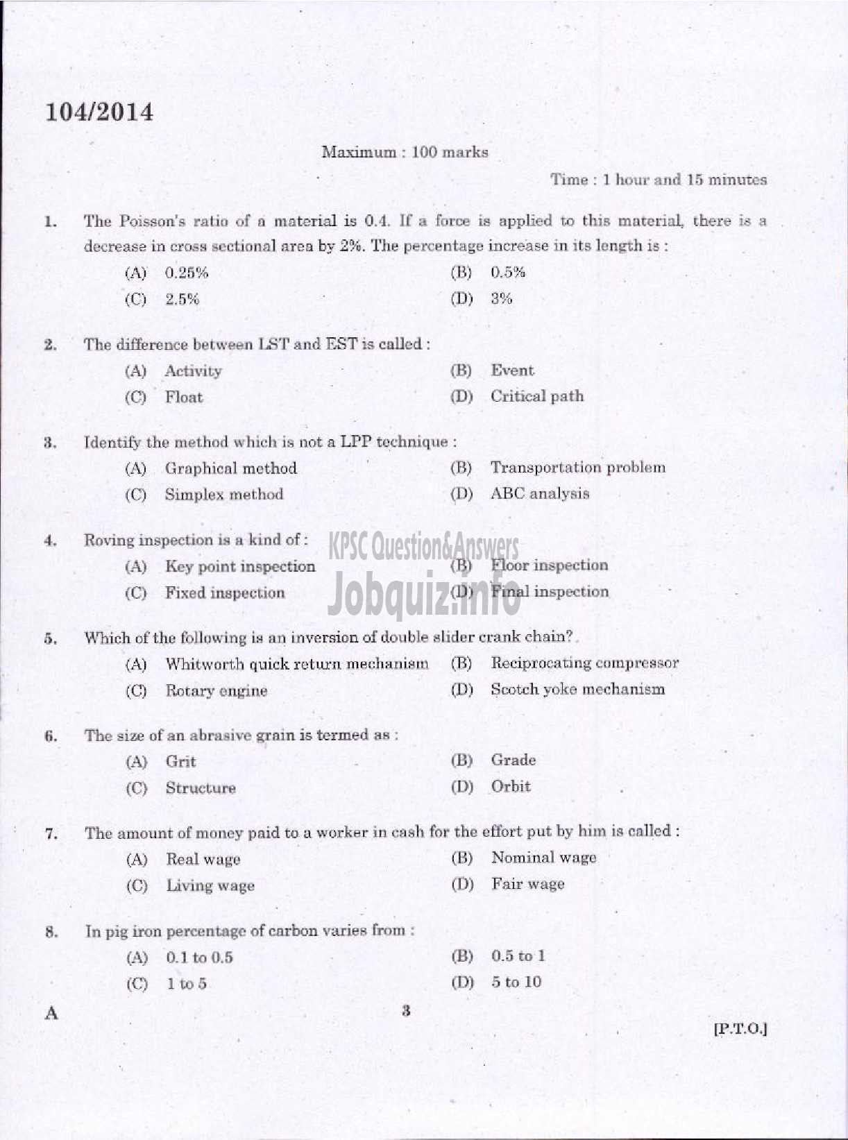 Kerala PSC Question Paper - OVERSEER DRAFTSMAN MECHANICAL GR I IRRIGATION DIRECT AND DEPT QUOTA-1
