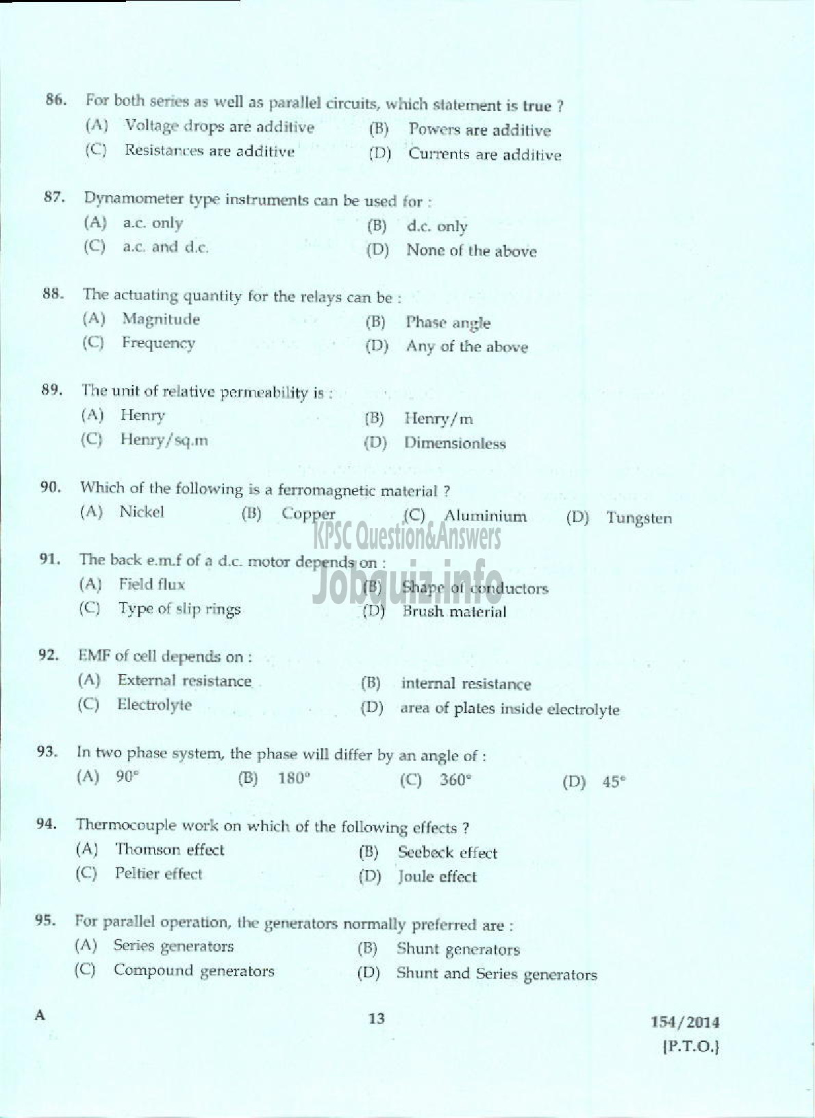 Kerala PSC Question Paper - OVERSEER ELECTRICAL KERALA PORT DEPT-11