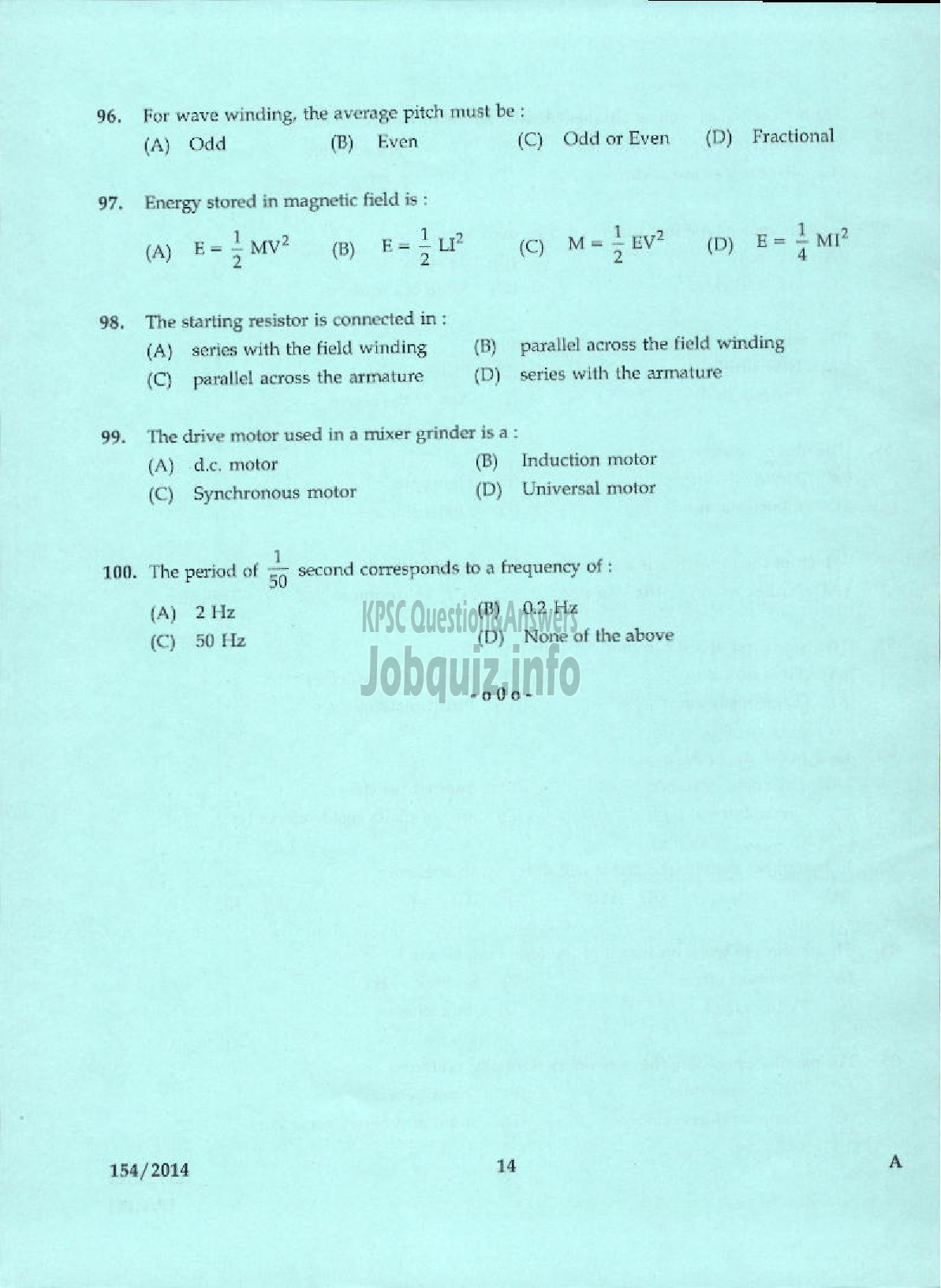 Kerala PSC Question Paper - OVERSEER ELECTRICAL KERALA PORT DEPT-12