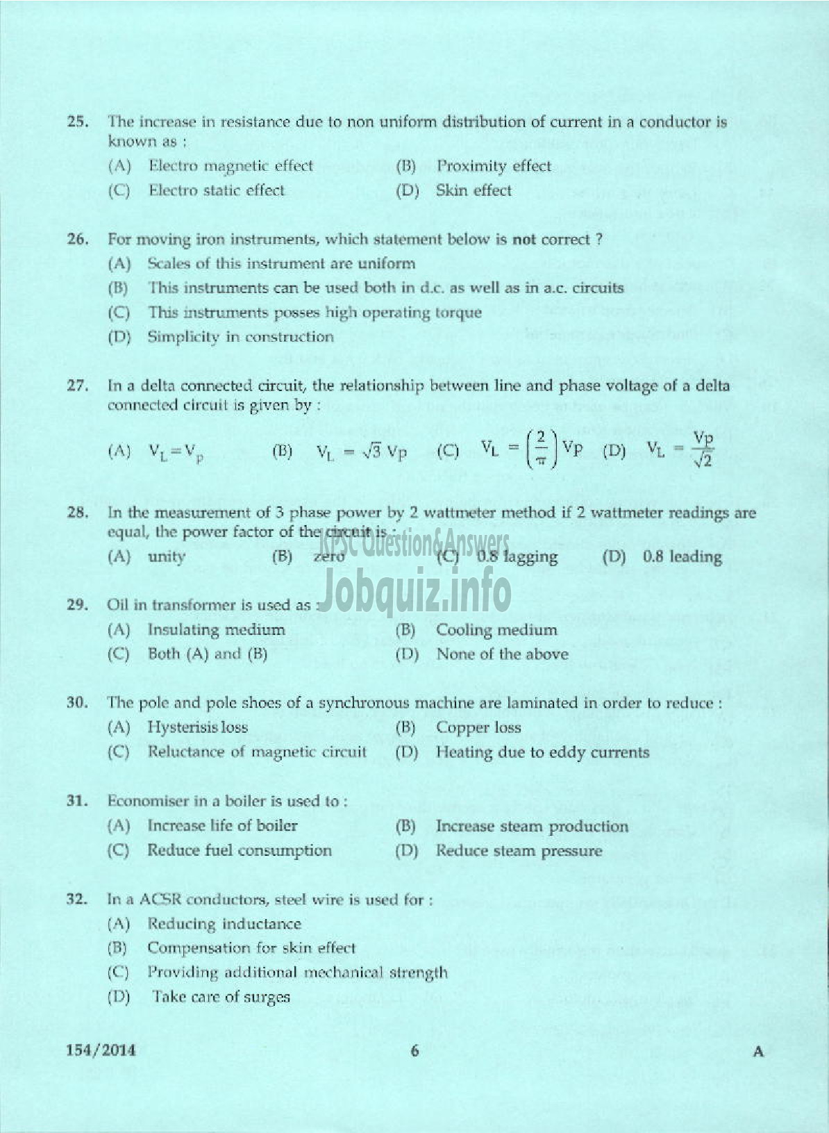 Kerala PSC Question Paper - OVERSEER ELECTRICAL KERALA PORT DEPT-4