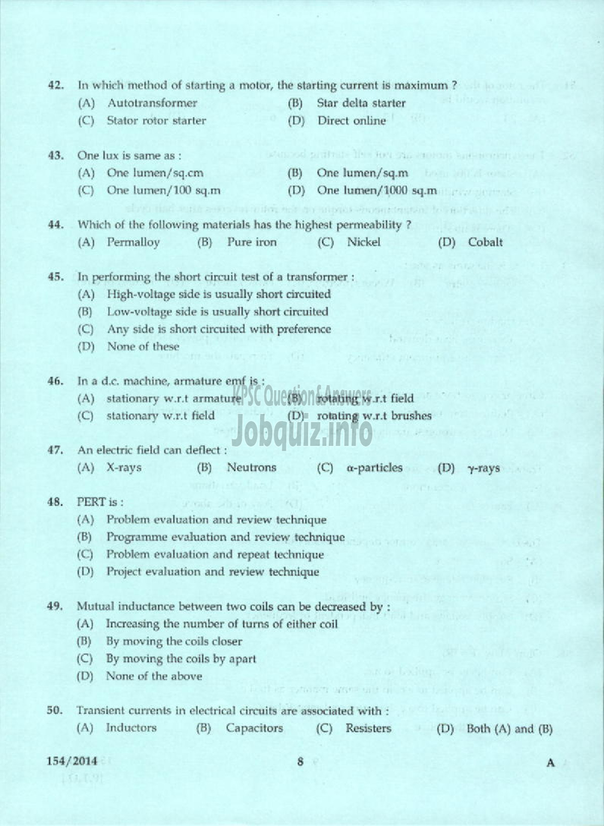 Kerala PSC Question Paper - OVERSEER ELECTRICAL KERALA PORT DEPT-6