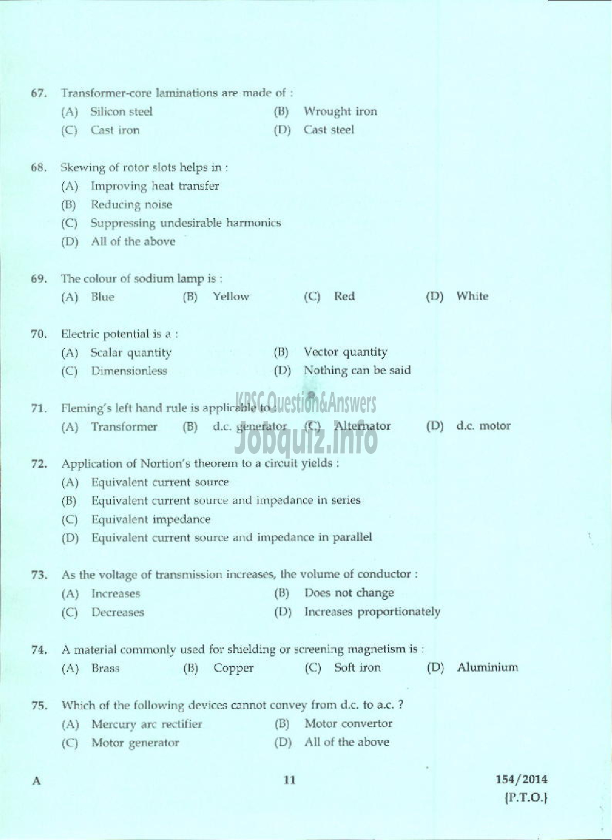 Kerala PSC Question Paper - OVERSEER ELECTRICAL KERALA PORT DEPT-9