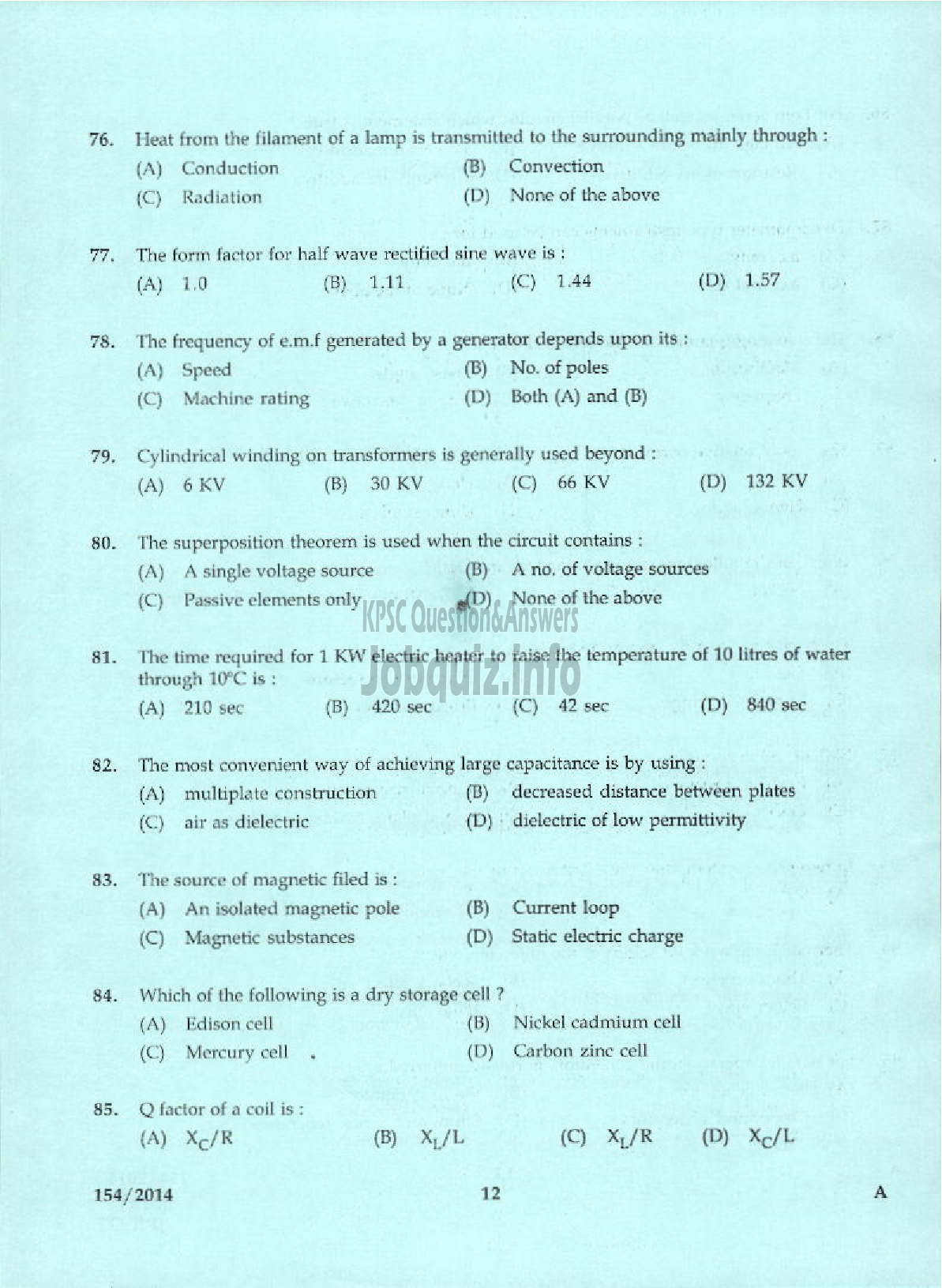 Kerala PSC Question Paper - OVERSEER ELECTRICAL KERALA PORT DEPT-10