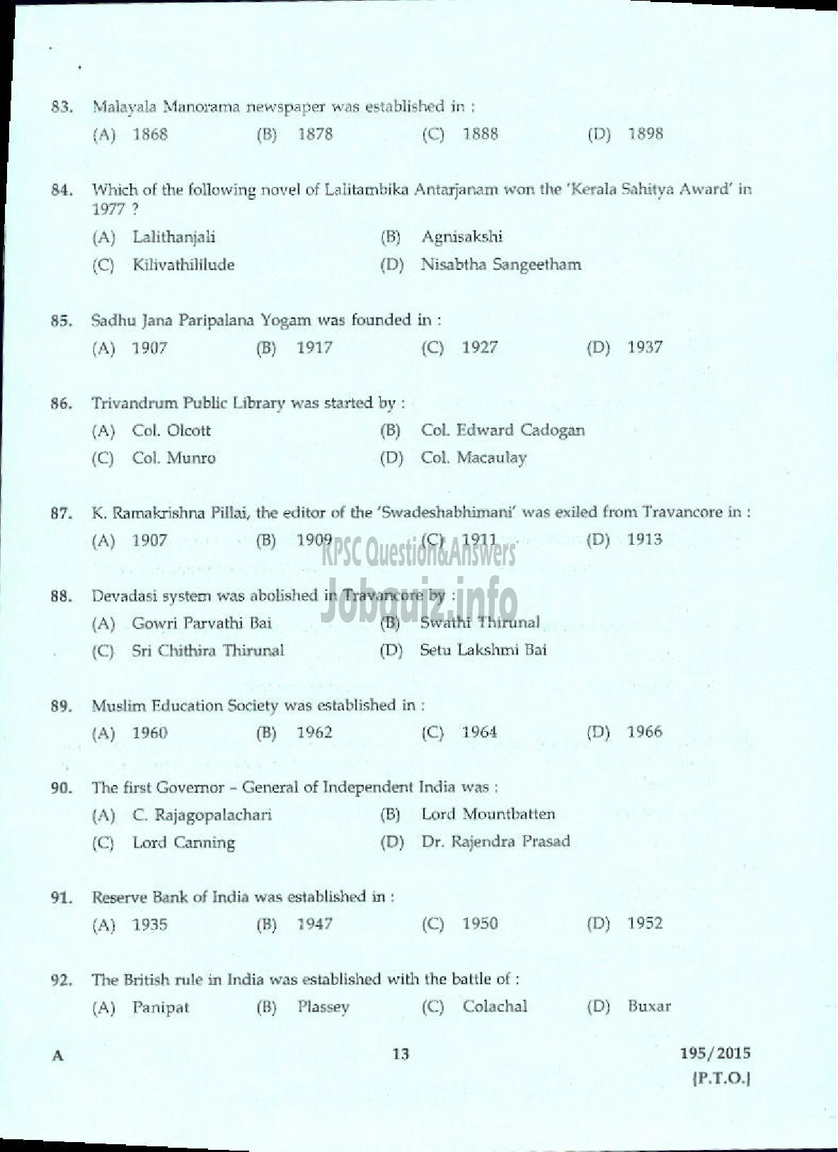 Kerala PSC Question Paper - OVERSEER KSCDC LTD-9