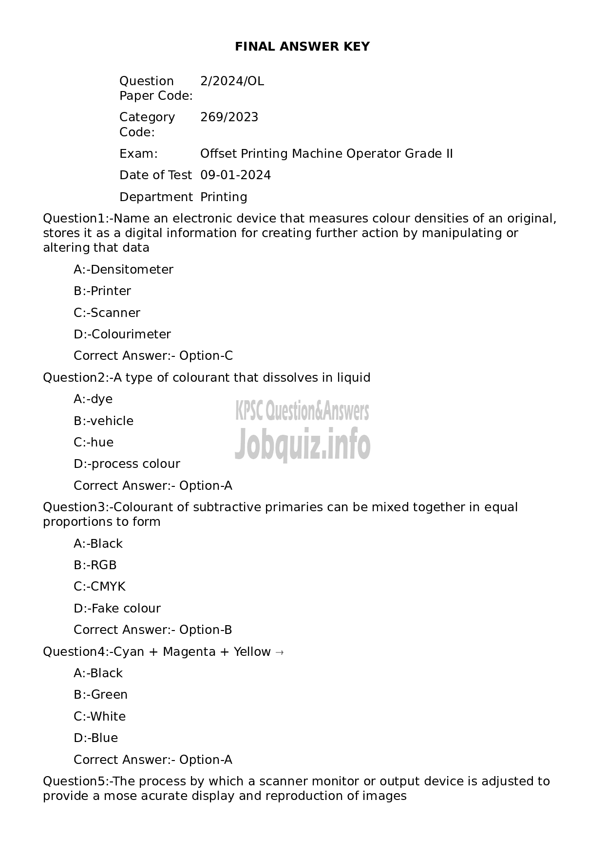 Kerala PSC Question Paper - Offset Printing Machine Operator Grade II-1