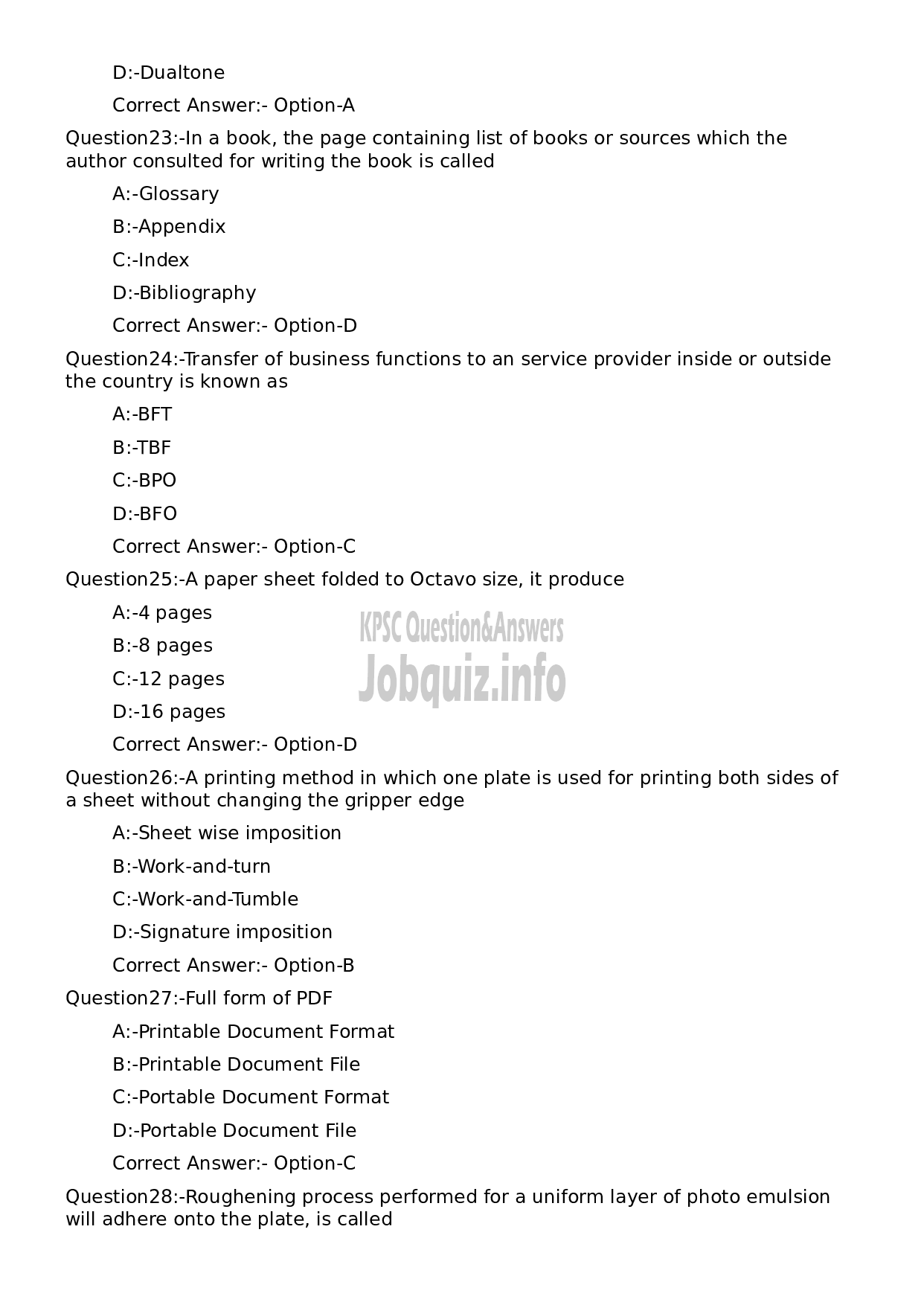 Kerala PSC Question Paper - Offset Printing Machine Operator Grade II-5