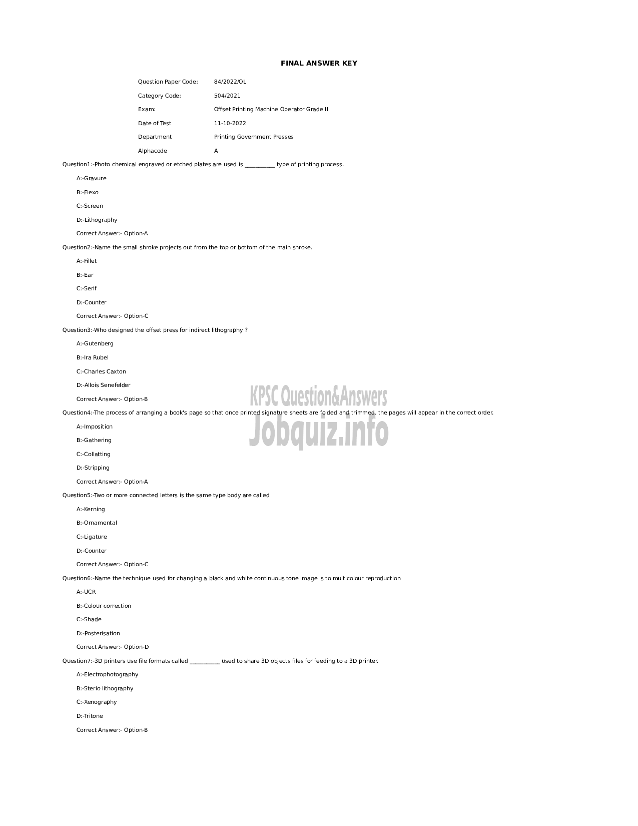 Kerala PSC Question Paper - Offset Printing Machine Operator Grade II-1