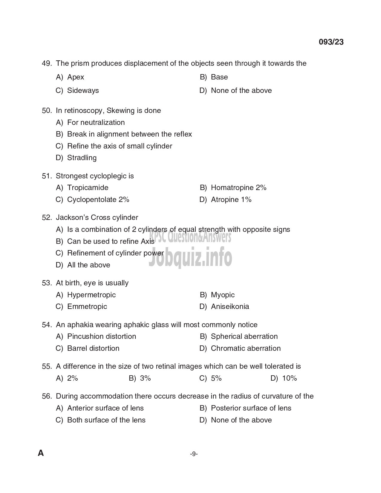 Kerala PSC Question Paper - Optometrist Grade-II-9