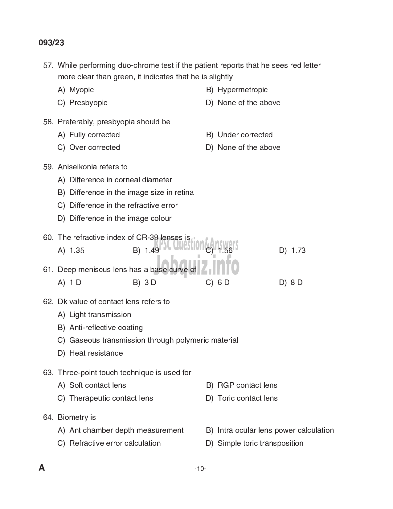 Kerala PSC Question Paper - Optometrist Grade-II-10