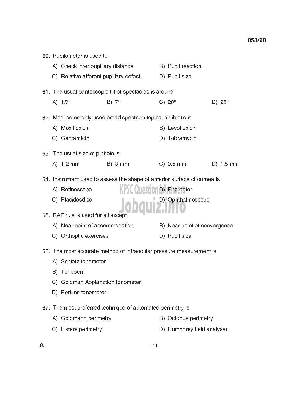 Kerala PSC Question Paper - Optometrist Grade II (SR from SC/ST & ST) Department: Health Services -11