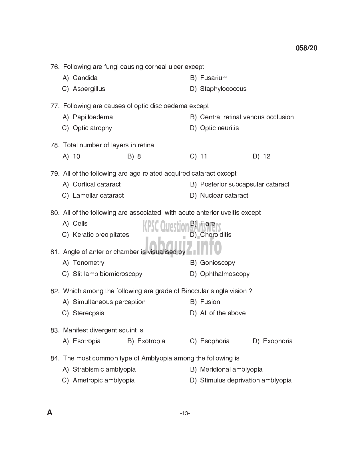 Kerala PSC Question Paper - Optometrist Grade II (SR from SC/ST & ST) Department: Health Services -13