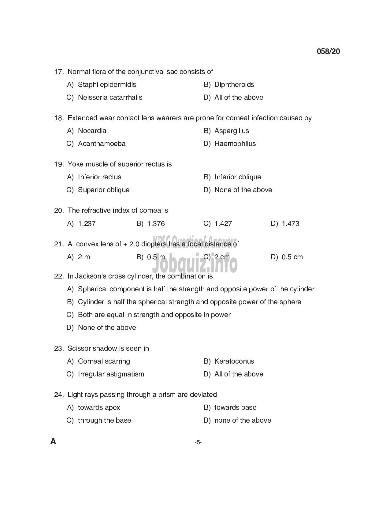 Kerala PSC Question Paper - Optometrist Grade II (SR from SC/ST & ST) Department: Health Services -5