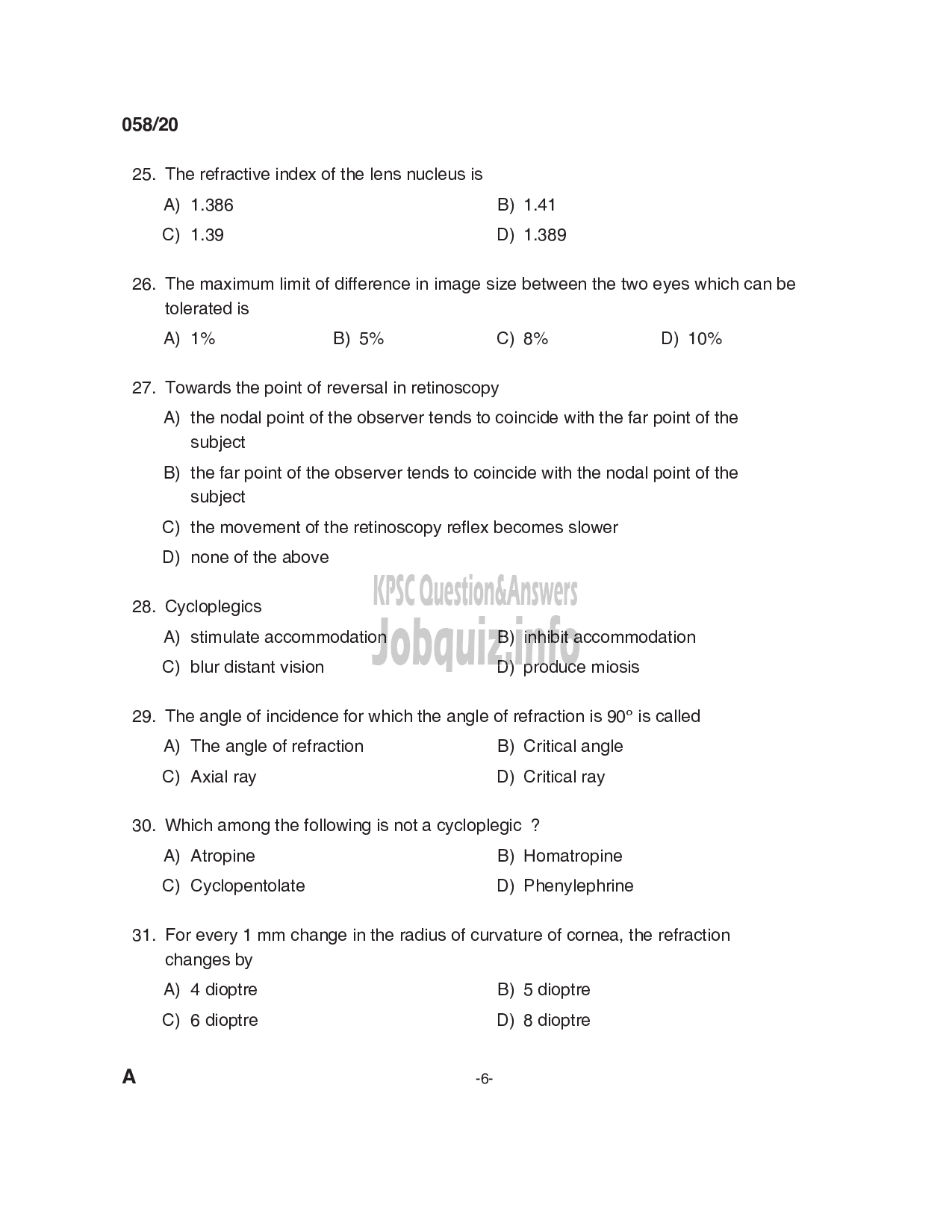 Kerala PSC Question Paper - Optometrist Grade II (SR from SC/ST & ST) Department: Health Services -6