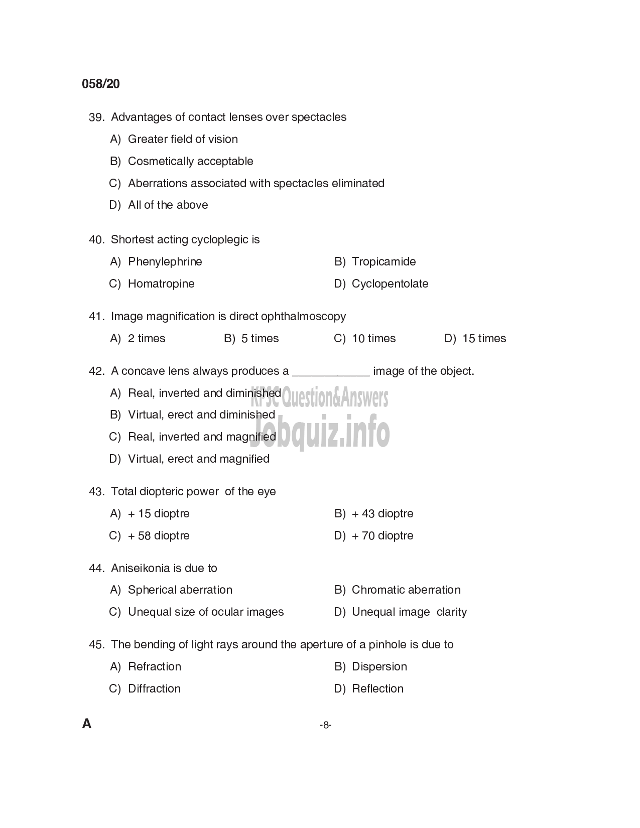 Kerala PSC Question Paper - Optometrist Grade II (SR from SC/ST & ST) Department: Health Services -8