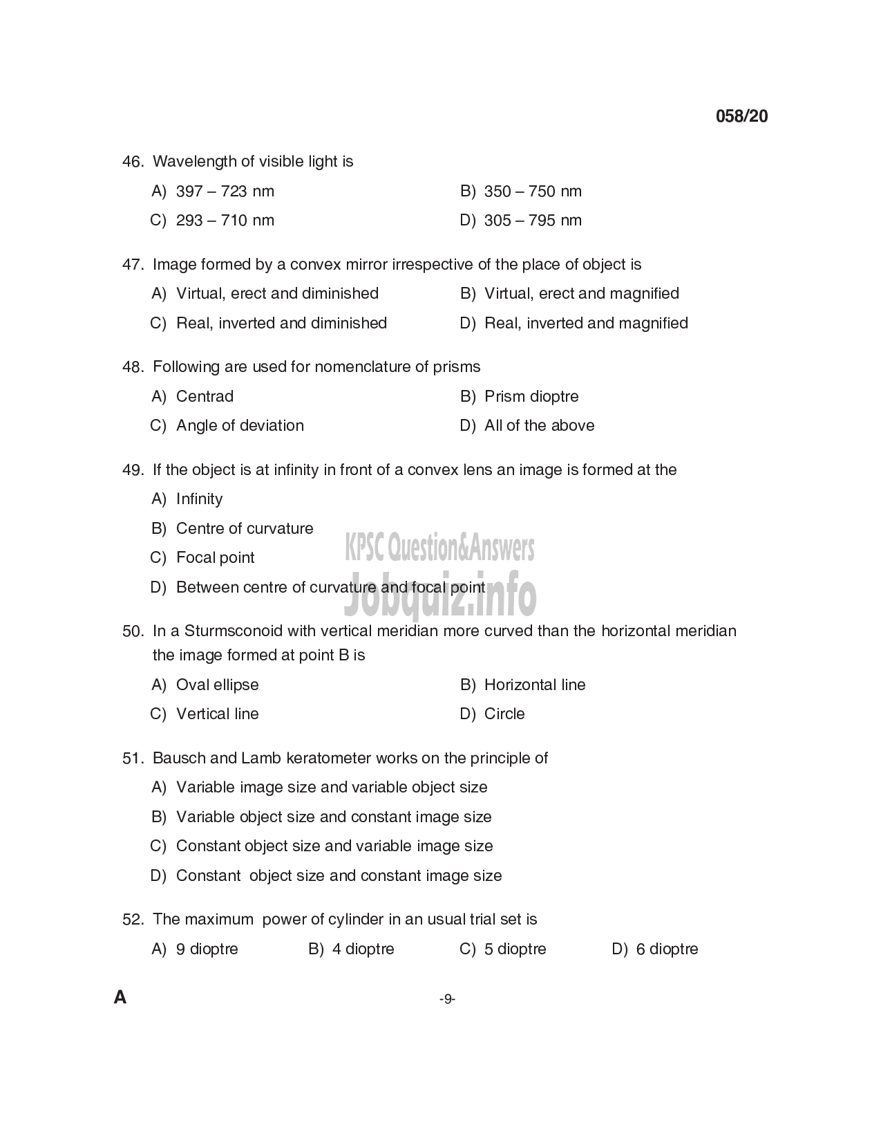 Kerala PSC Question Paper - Optometrist Grade II (SR from SC/ST & ST) Department: Health Services -9