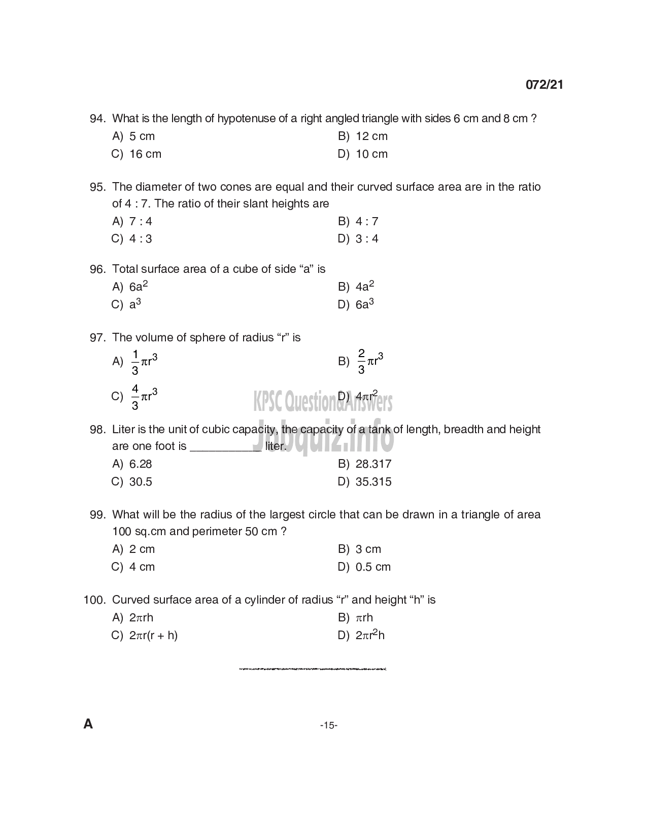 Kerala PSC Question Paper - Overseer/ Draftsman (Mechanical) Gr III/ Tracer in Irrigation & Draftsman (Mechanical) in KAMCO Ltd-15