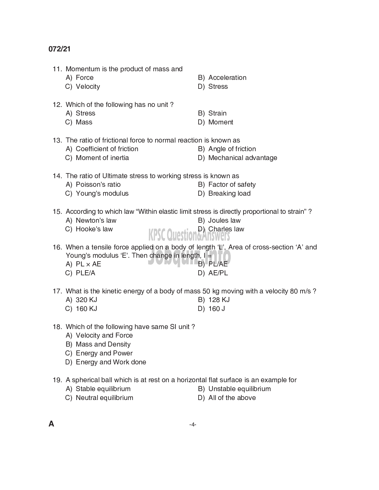 Kerala PSC Question Paper - Overseer/ Draftsman (Mechanical) Gr III/ Tracer in Irrigation & Draftsman (Mechanical) in KAMCO Ltd-4