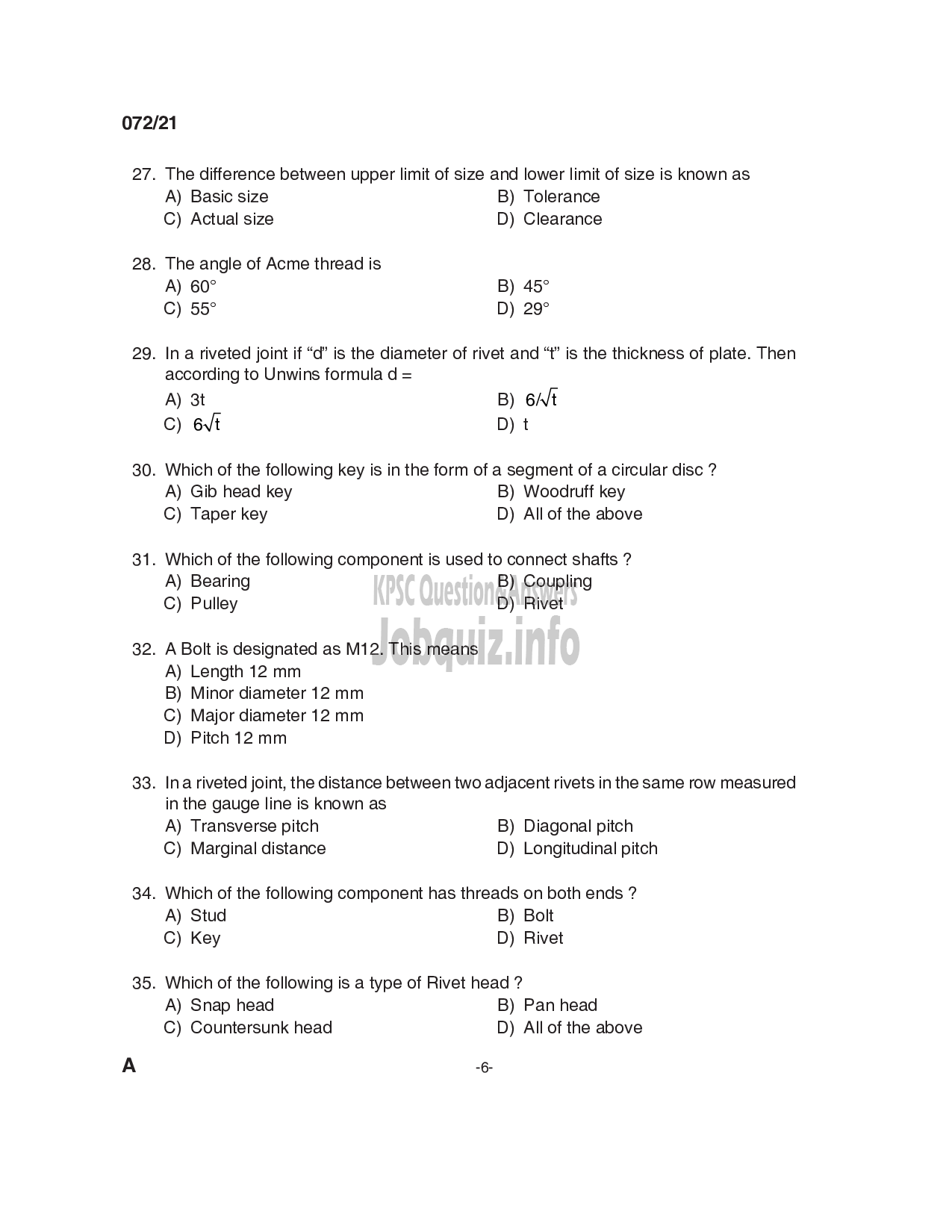 Kerala PSC Question Paper - Overseer/ Draftsman (Mechanical) Gr III/ Tracer in Irrigation & Draftsman (Mechanical) in KAMCO Ltd-6