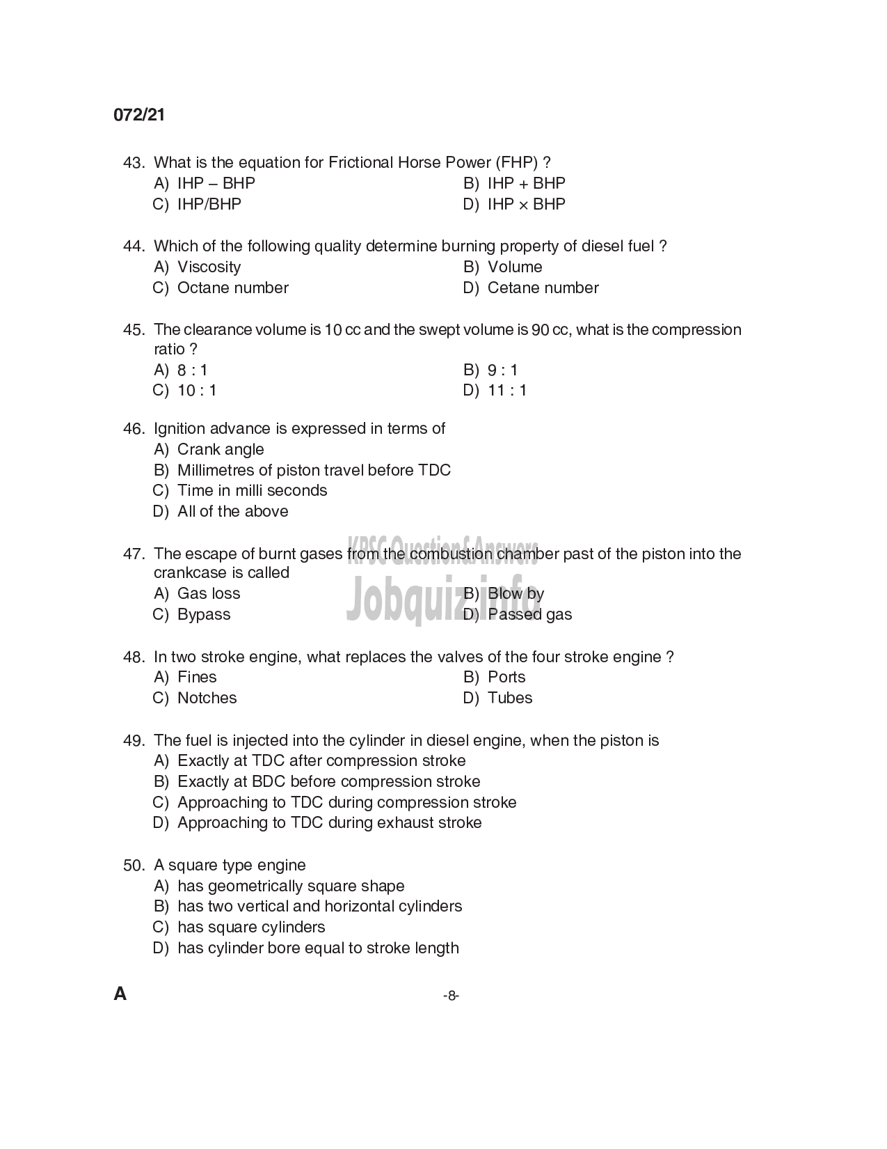 Kerala PSC Question Paper - Overseer/ Draftsman (Mechanical) Gr III/ Tracer in Irrigation & Draftsman (Mechanical) in KAMCO Ltd-8