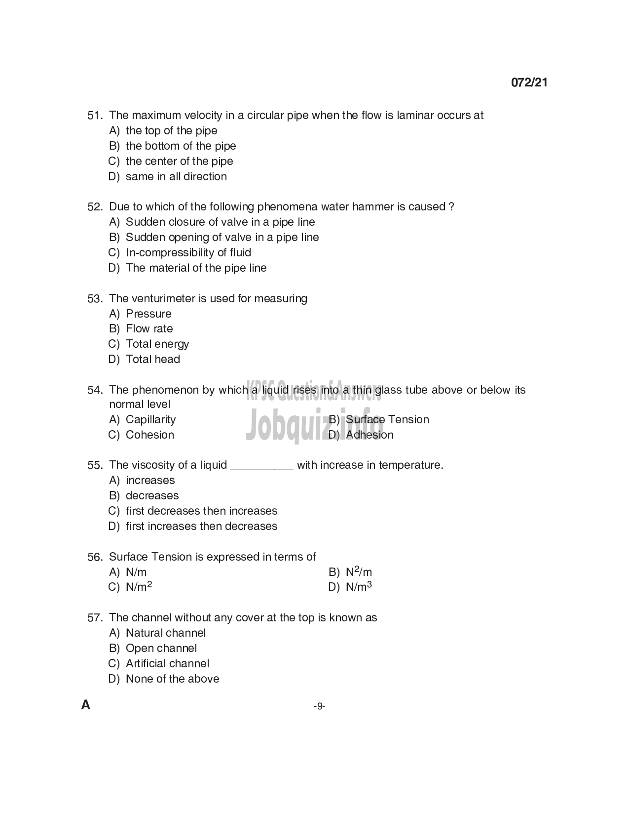 Kerala PSC Question Paper - Overseer/ Draftsman (Mechanical) Gr III/ Tracer in Irrigation & Draftsman (Mechanical) in KAMCO Ltd-9