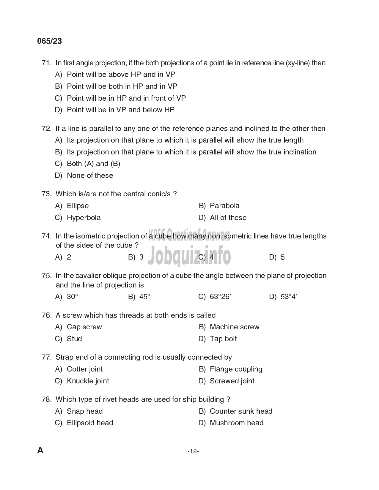 Kerala PSC Question Paper - Overseer/ Draftsman (Mechanical) Gr I, Draftsman Gr II (Mechanical Engineering), Plant Engineer (Mechanical), Senior Driller, Purchase Assistant etc -12