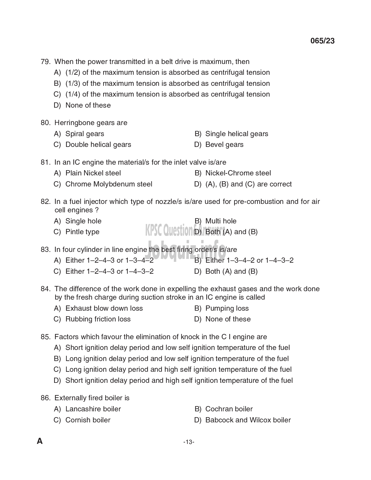 Kerala PSC Question Paper - Overseer/ Draftsman (Mechanical) Gr I, Draftsman Gr II (Mechanical Engineering), Plant Engineer (Mechanical), Senior Driller, Purchase Assistant etc -13