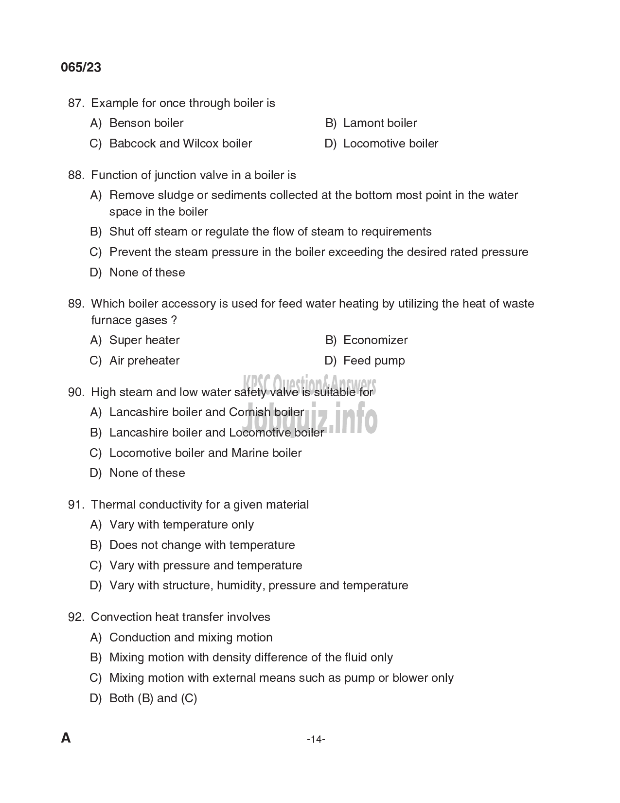 Kerala PSC Question Paper - Overseer/ Draftsman (Mechanical) Gr I, Draftsman Gr II (Mechanical Engineering), Plant Engineer (Mechanical), Senior Driller, Purchase Assistant etc -14