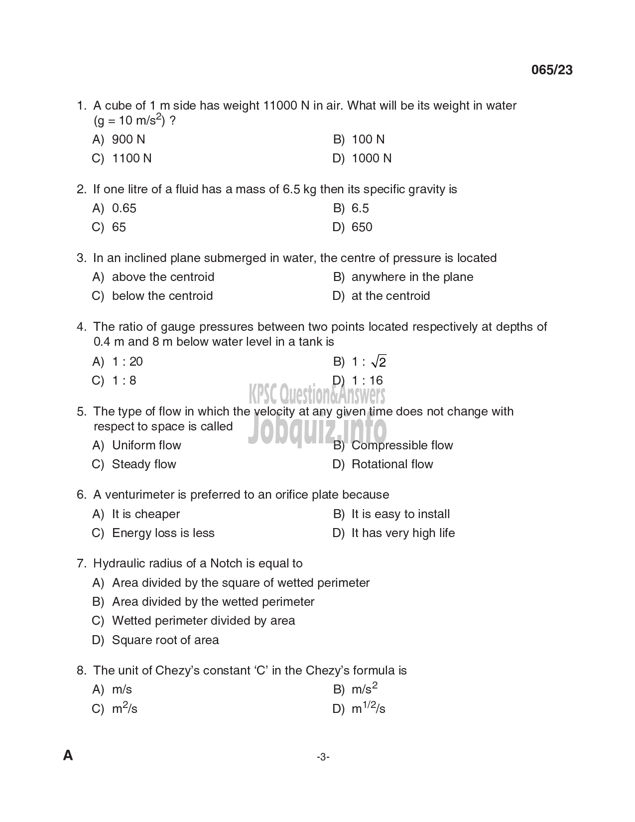 Kerala PSC Question Paper - Overseer/ Draftsman (Mechanical) Gr I, Draftsman Gr II (Mechanical Engineering), Plant Engineer (Mechanical), Senior Driller, Purchase Assistant etc -3
